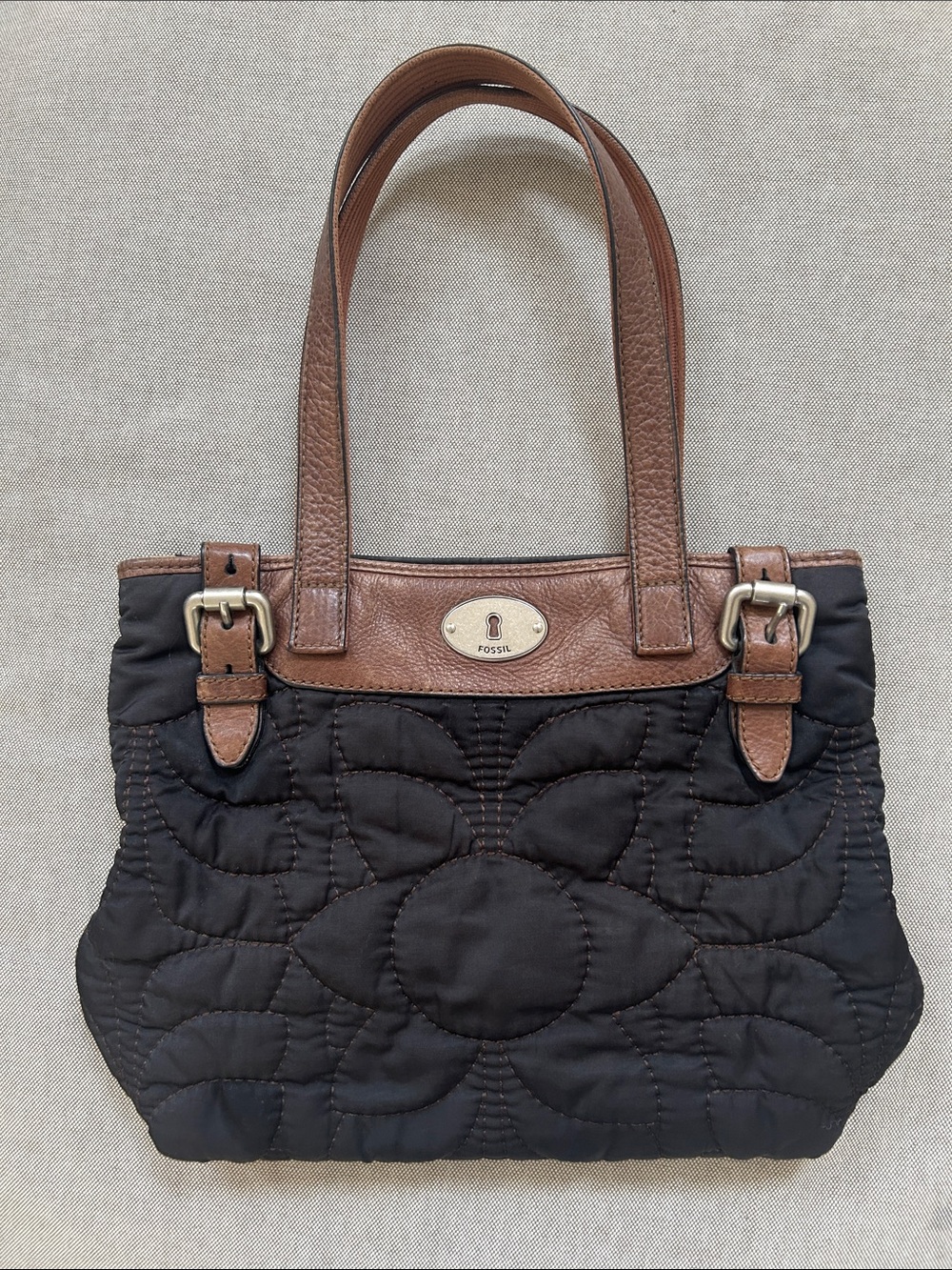 Fossil Y2K Key-Per Black Quilted Tote with Brown Leather Handles